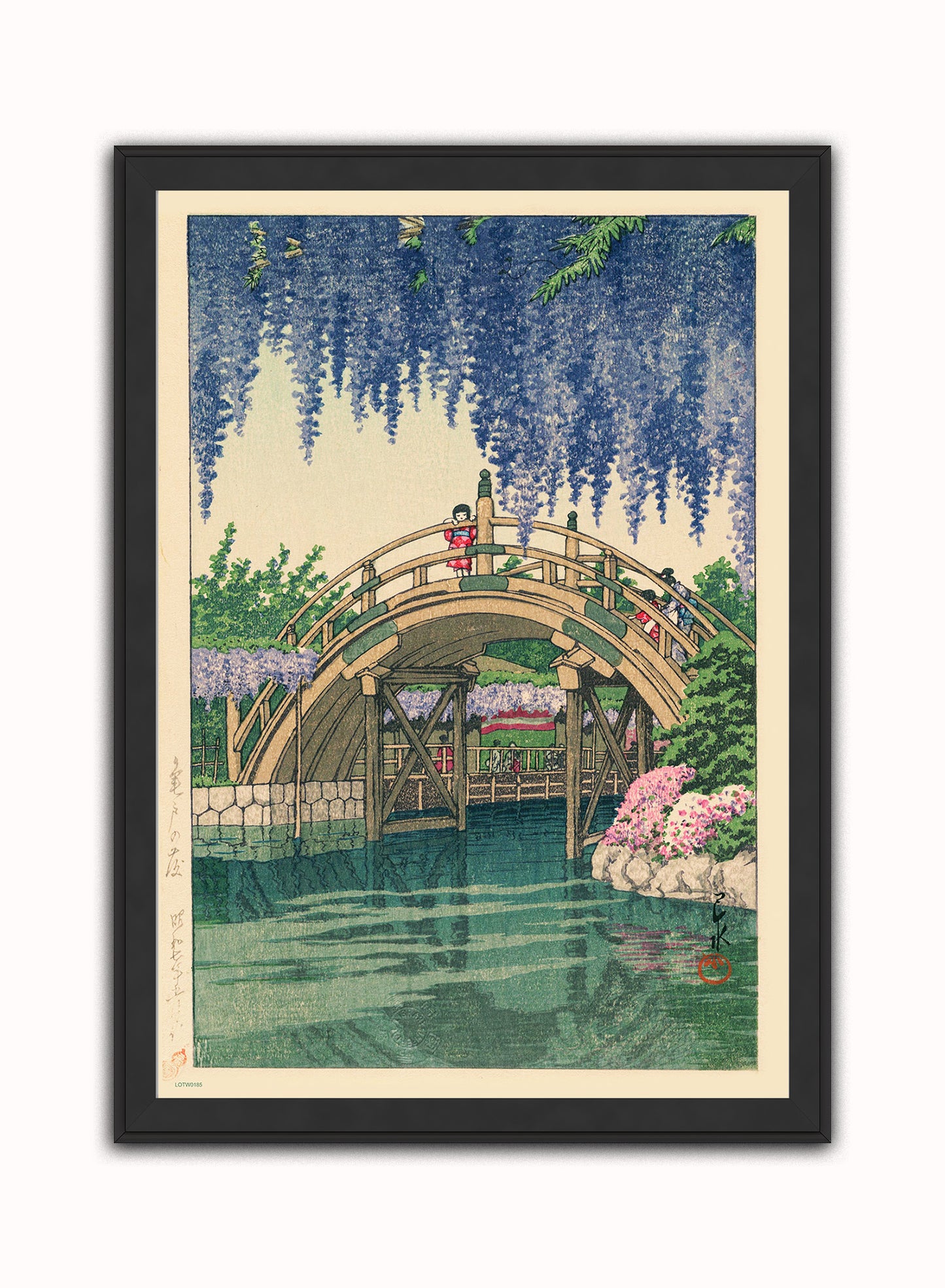 Wisteria at Kameido Japanese Poster by artist Kawase Hasui Print – artist Kawase Hasui Japanese Wall Art 50x70cm Black Frame