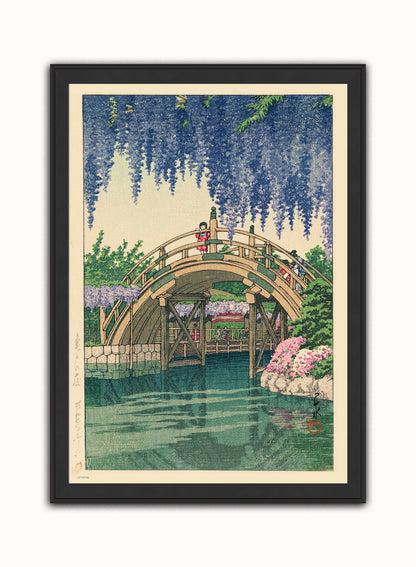 Wisteria at Kameido Japanese Poster by artist Kawase Hasui Print – artist Kawase Hasui Japanese Wall Art 50x70cm Black Frame