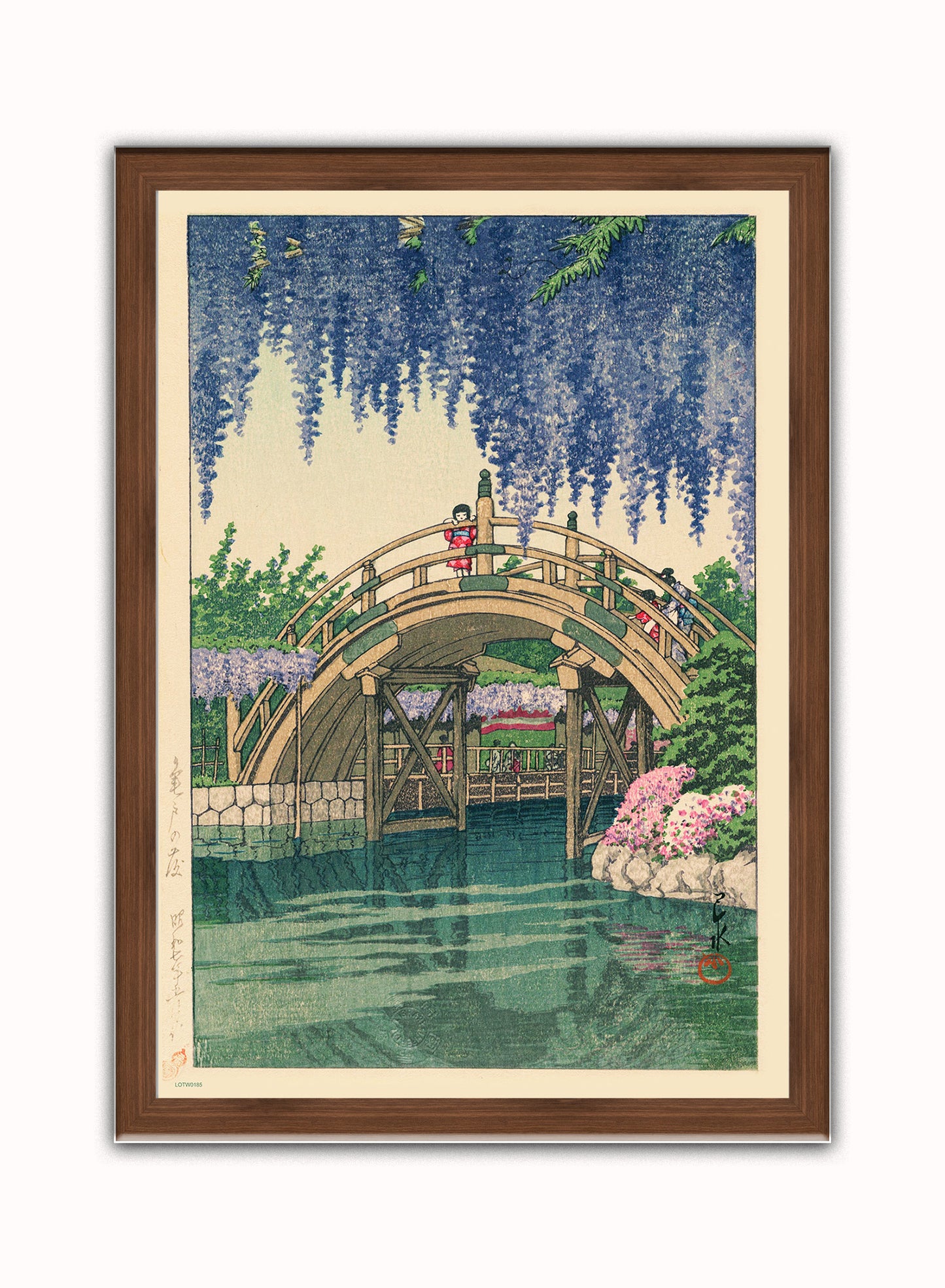Wisteria at Kameido Japanese Poster by artist Kawase Hasui Print – artist Kawase Hasui Japanese Wall Art 50x70cm Dark Wood Frame