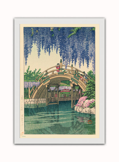 Wisteria at Kameido Japanese Poster by artist Kawase Hasui Print – artist Kawase Hasui Japanese Wall Art 50x70cm White Frame