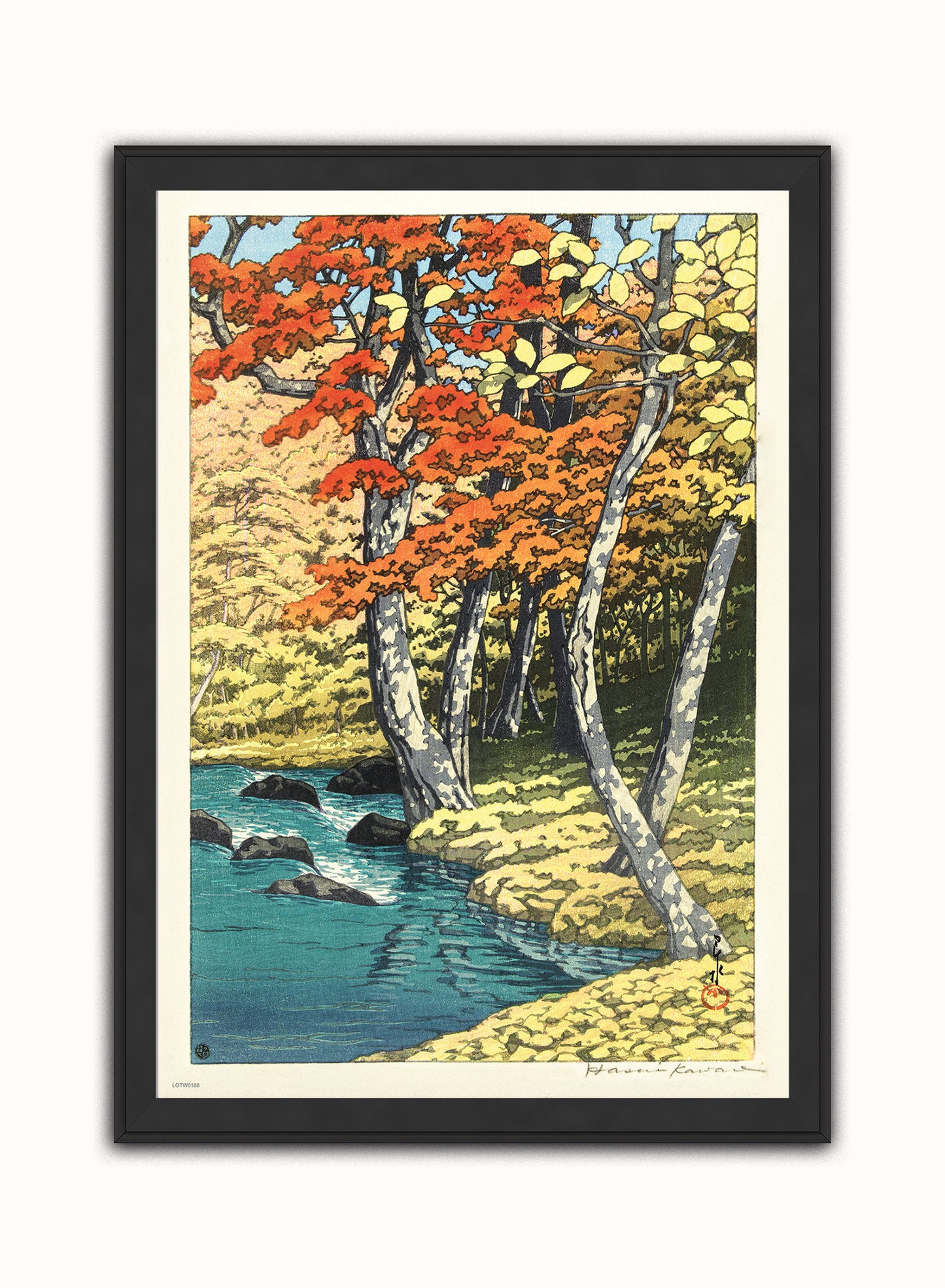 Autumn at Oirase Japanese Poster by artist Kawase Hasui Print – artist Kawase Hasui Japanese Wall Art 50x70cm Black Frame