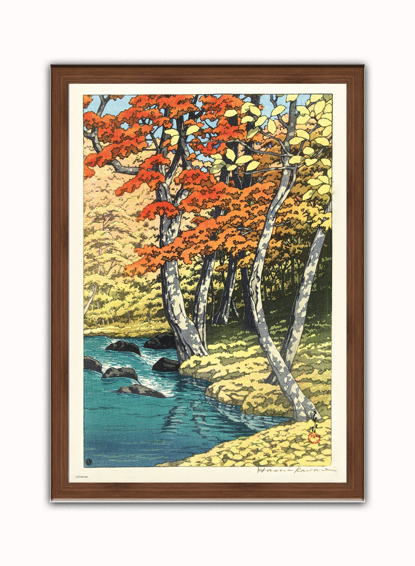 Autumn at Oirase Japanese Poster by artist Kawase Hasui Print – artist Kawase Hasui Japanese Wall Art 50x70cm Dark Wood Frame