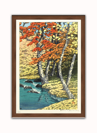 Autumn at Oirase Japanese Poster by artist Kawase Hasui Print – artist Kawase Hasui Japanese Wall Art 50x70cm Dark Wood Frame