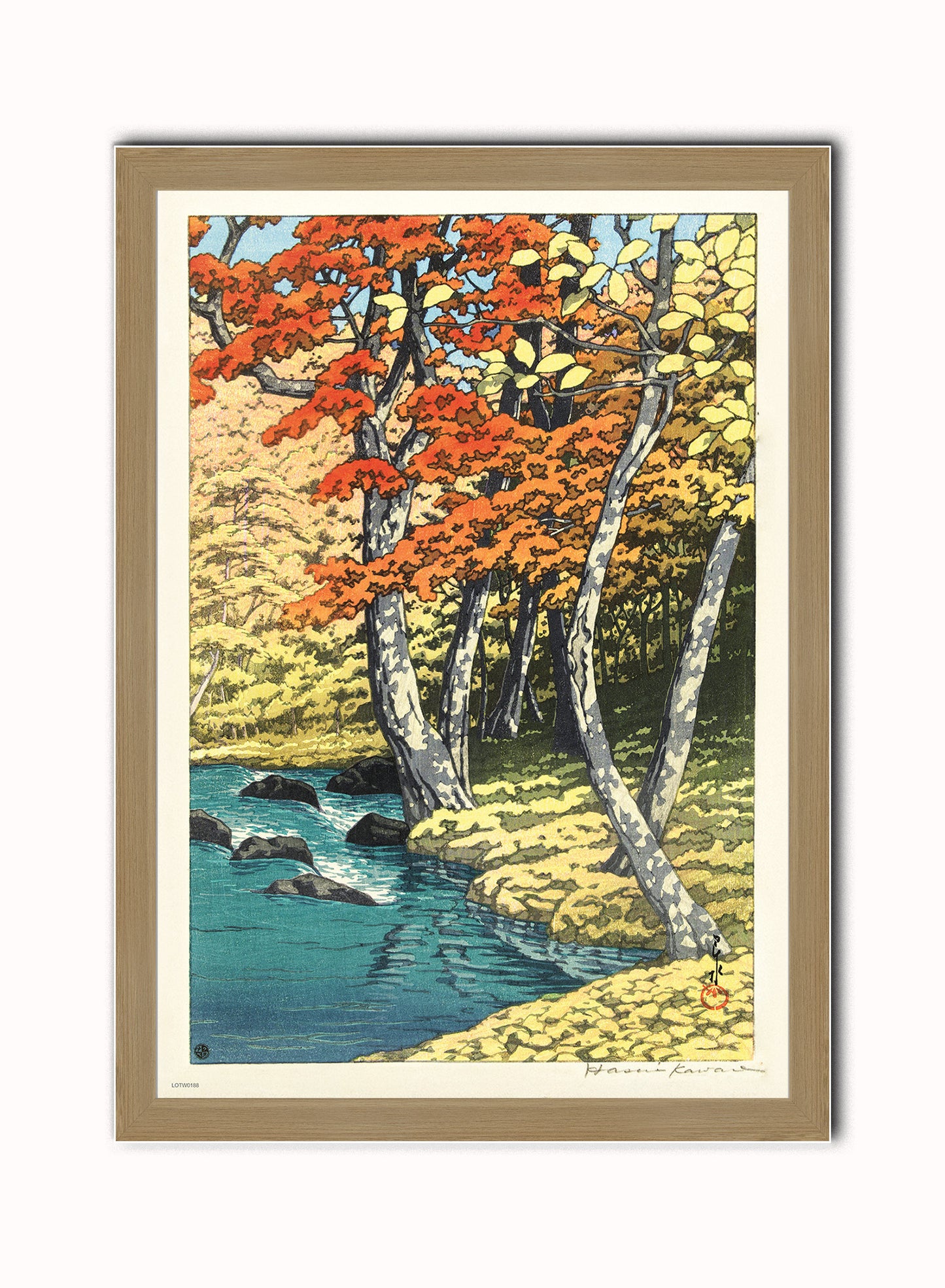 Autumn at Oirase Japanese Poster by artist Kawase Hasui Print – artist Kawase Hasui Japanese Wall Art 50x70cm Light Wood Frame