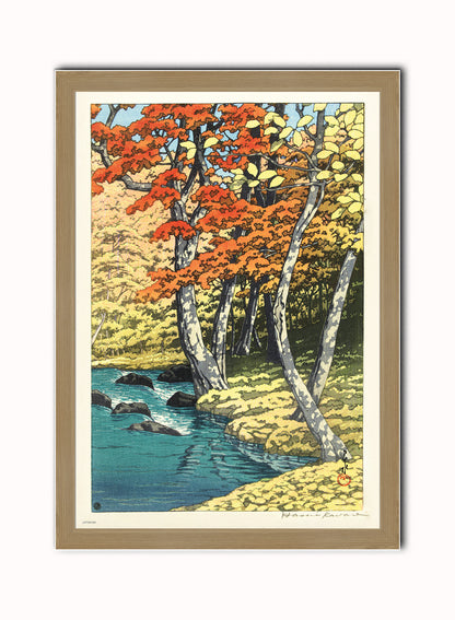 Autumn at Oirase Japanese Poster by artist Kawase Hasui Print – artist Kawase Hasui Japanese Wall Art 50x70cm Light Wood Frame