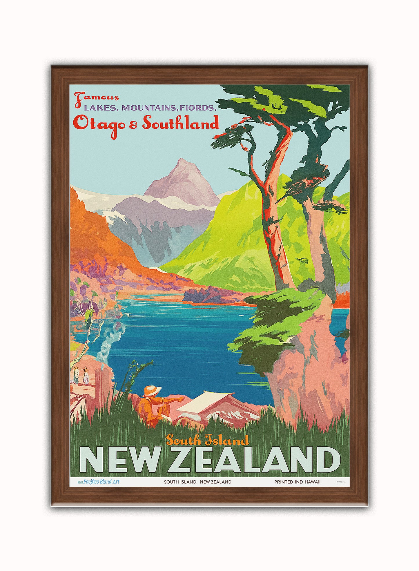 New Zealand Vintage Travel Poster Vintage Poster Wall Art Print 50x70cm Dark Wood Frame