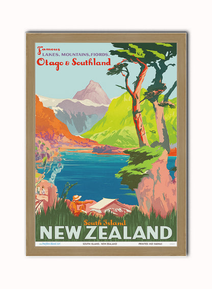 New Zealand Vintage Travel Poster Vintage Poster Wall Art Print 50x70cm Light Wood Frame