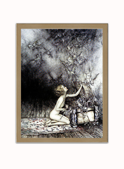 Pandora and the box by Arthur Rackham Art Print Print – Arthur Rackham Art Print Vintage Art Wall Art 30x40cm Light Wood