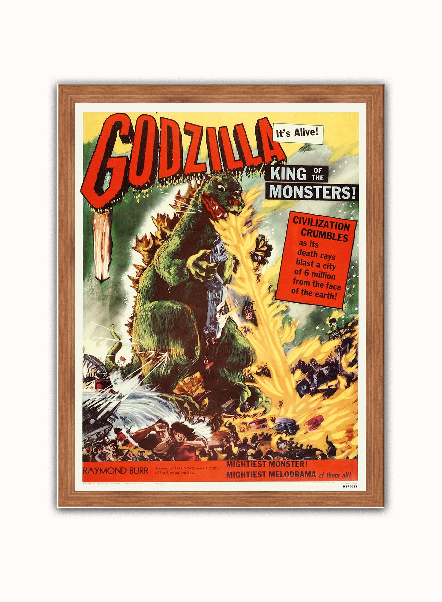 Godzilla Vintage retro Vintage Art Wall Art Print 30x40cm Dark Wood
