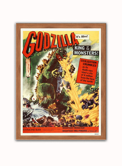 Godzilla Vintage retro Vintage Art Wall Art Print 30x40cm Dark Wood