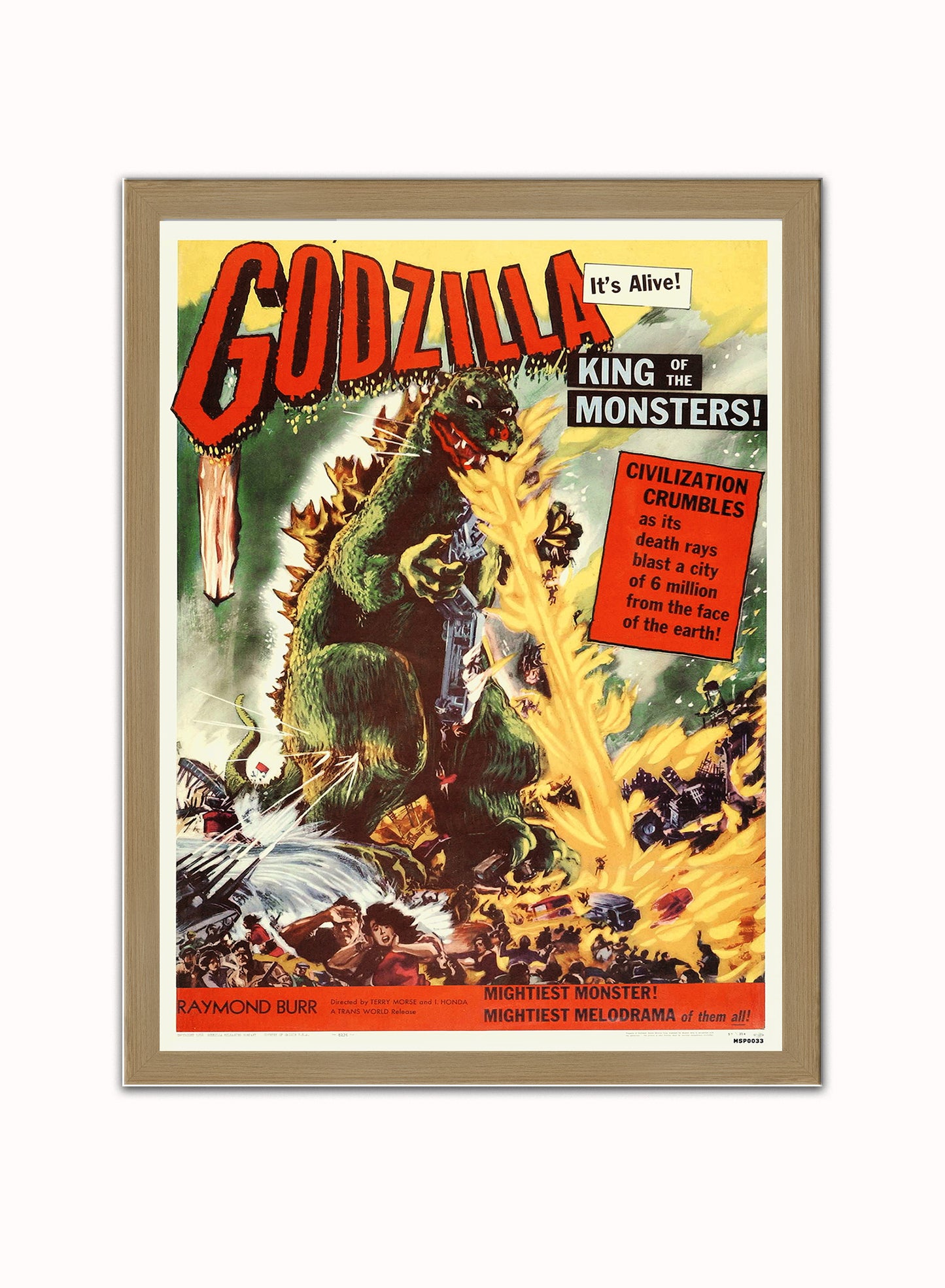 Godzilla Vintage retro Vintage Art Wall Art Print 30x40cm Light Wood