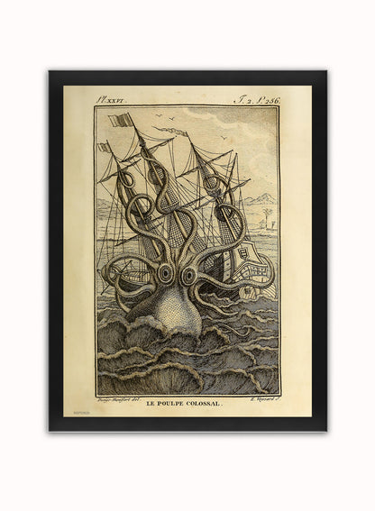 Kraken Cthulhu sea monster Vintage Art Print Vintage Art Wall Art Print 30x40cm Black Frame