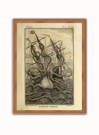 Kraken Cthulhu sea monster Vintage Art Print Vintage Art Wall Art Print 30x40cm Dark Wood