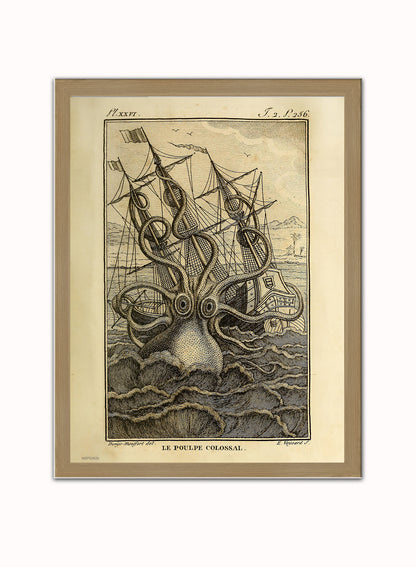 Kraken Cthulhu sea monster Vintage Art Print Vintage Art Wall Art Print 30x40cm Light Wood