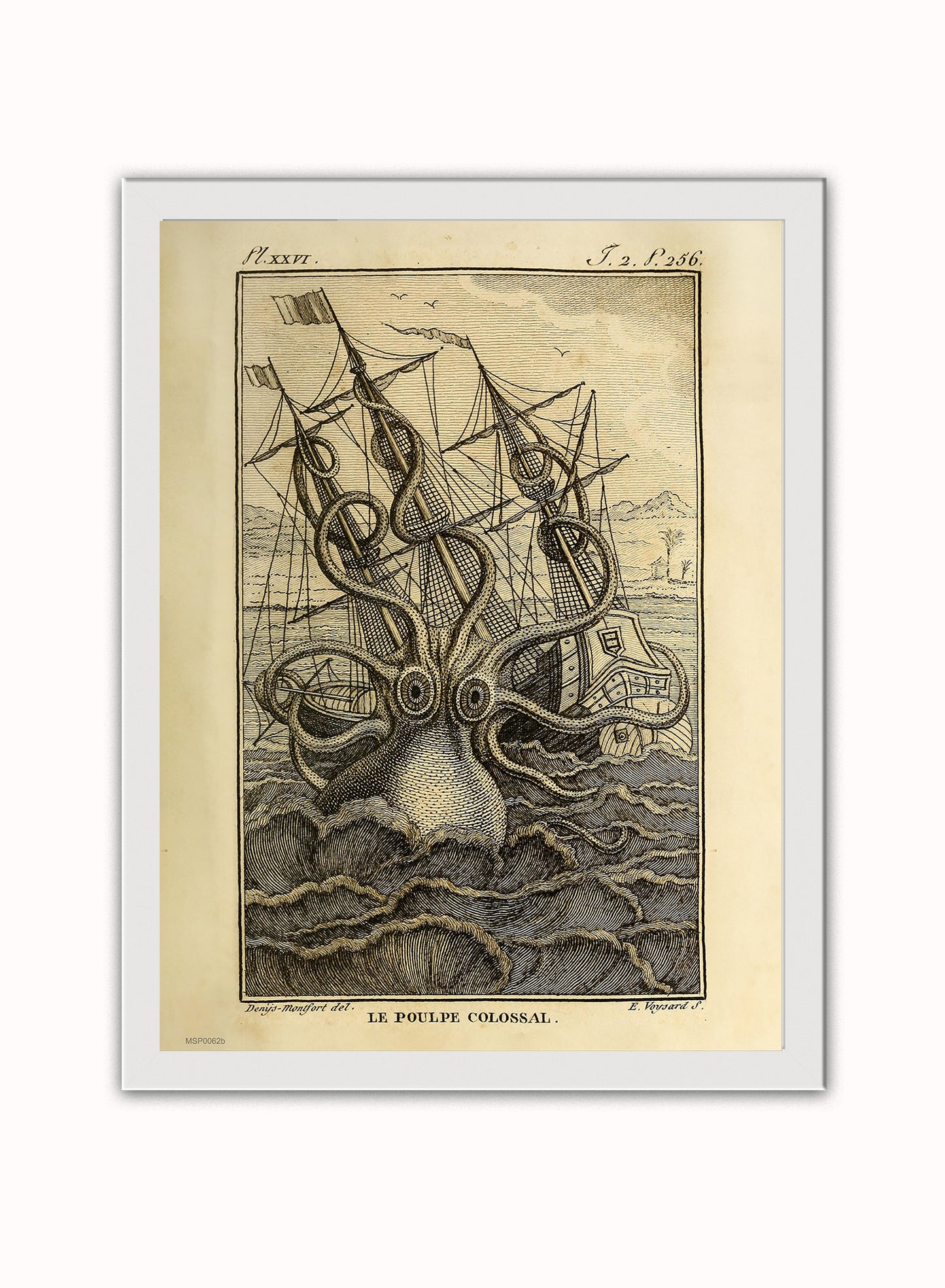 Kraken Cthulhu sea monster Vintage Art Print Vintage Art Wall Art Print 30x40cm White Frame