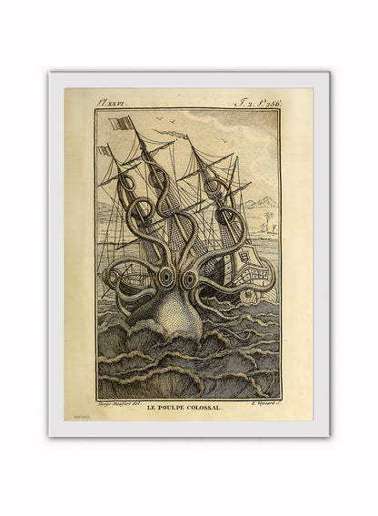Kraken Cthulhu sea monster Vintage Art Print Vintage Art Wall Art Print 30x40cm White Frame