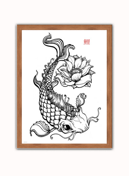 Koi Carp Tattoo Vintage Poster Wall Art Print 30x40cm Dark Wood