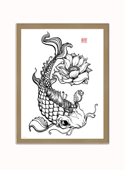 Koi Carp Tattoo Vintage Poster Wall Art Print 30x40cm Light Wood