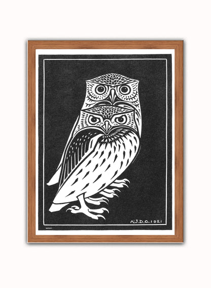 Two owls by Julie de Graag vintage illustration Art Print Print – Julie de Graag vintage illustration Art Print Vintage Art Wall Art 30x40cm Dark Wood