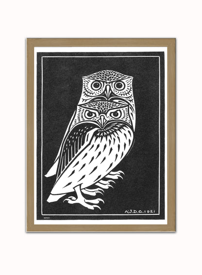 Two owls by Julie de Graag vintage illustration Art Print Print – Julie de Graag vintage illustration Art Print Vintage Art Wall Art 30x40cm Light Wood