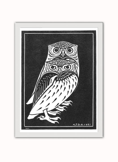 Two owls by Julie de Graag vintage illustration Art Print Print – Julie de Graag vintage illustration Art Print Vintage Art Wall Art 30x40cm White Frame