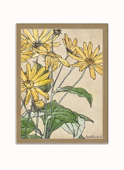 Sunflowers (1915) by Hannah Borger Overbeck Botanical Print – Hannah Borger Overbeck Botanical Botanical Wall Art 30x40cm Light Wood