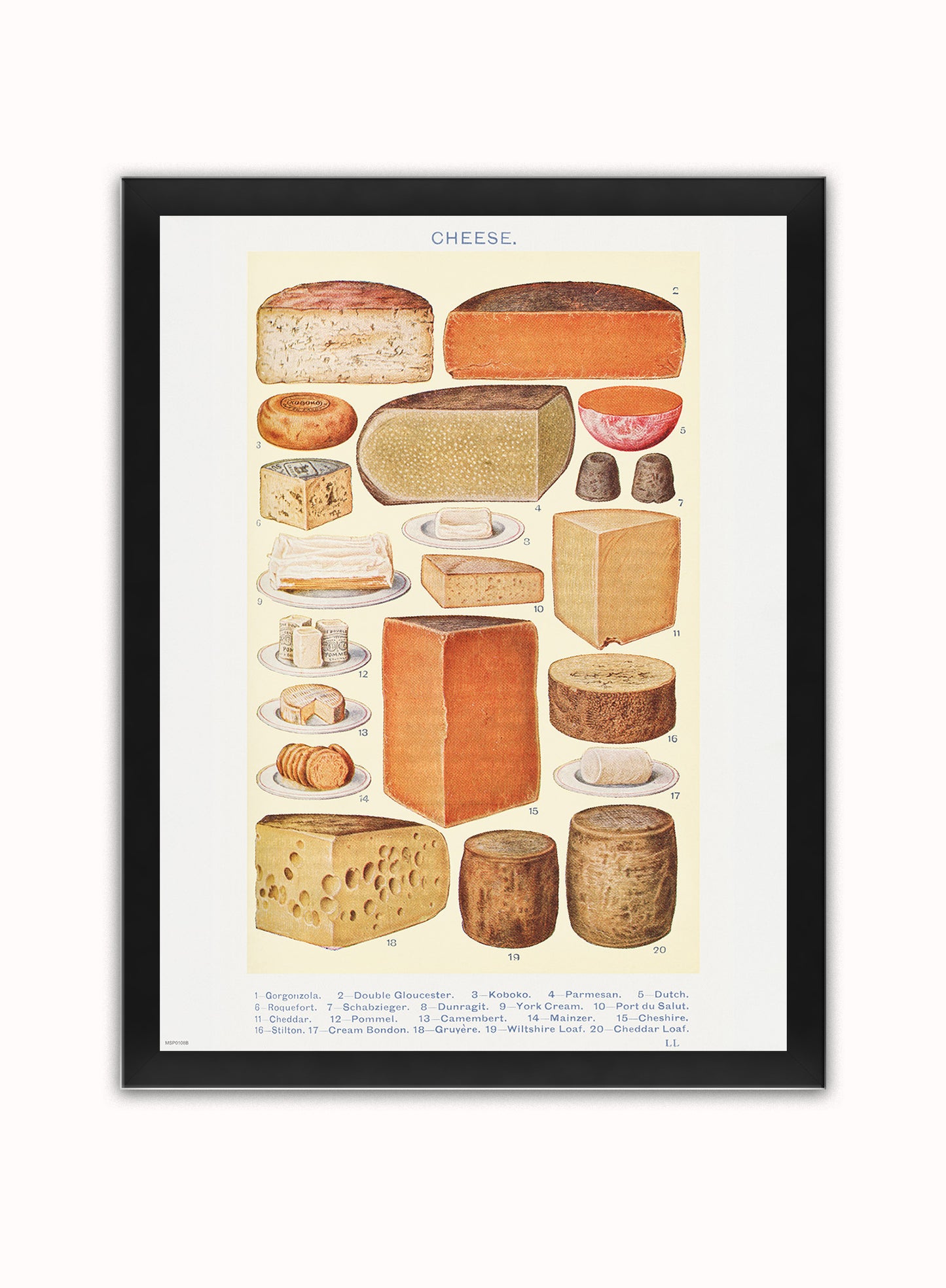 Cheese Chart Poster Vintage Poster Vintage Poster Wall Art Print 30x40cm Black Frame