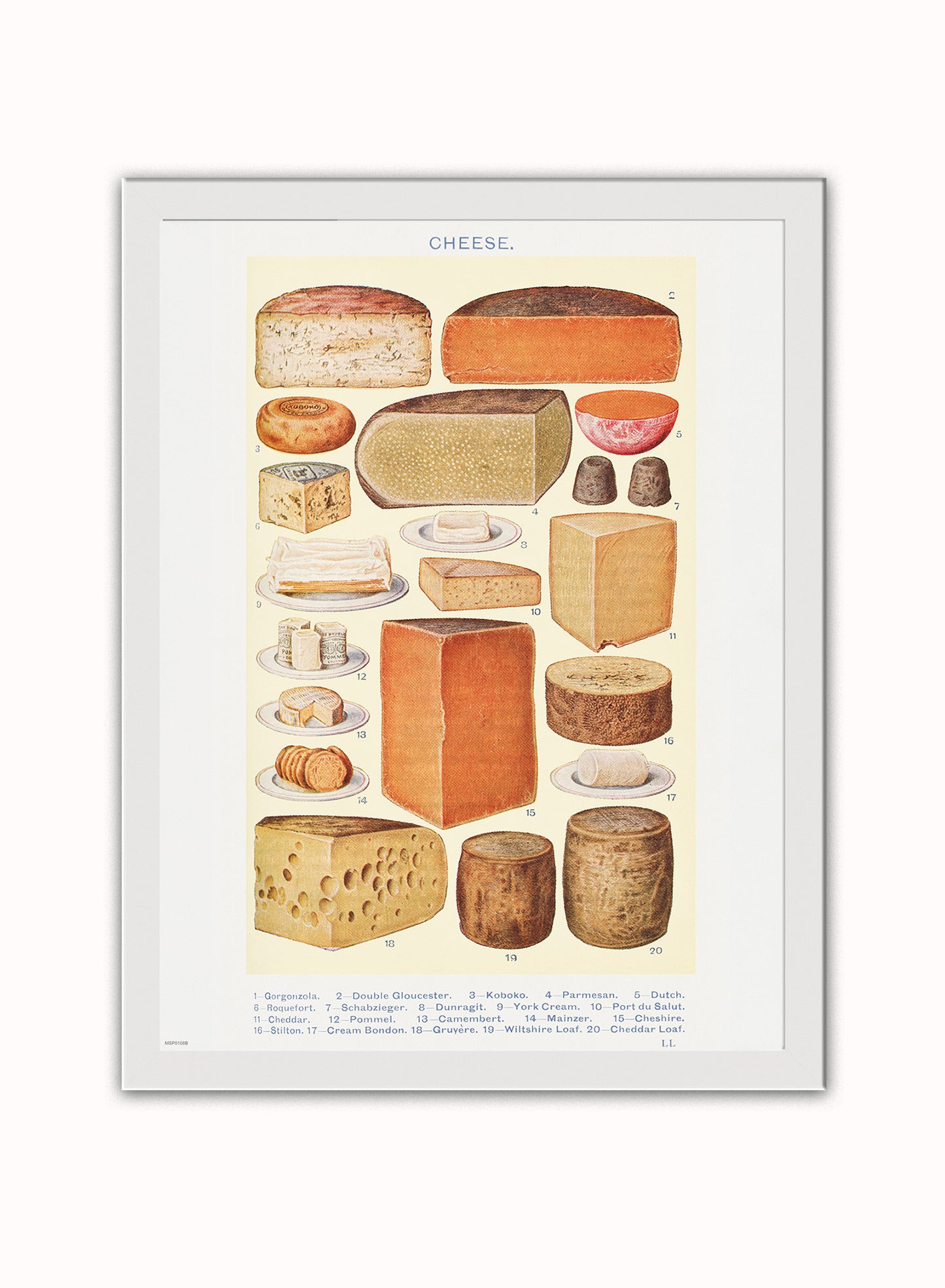 Cheese Chart Poster Vintage Poster Vintage Poster Wall Art Print 30x40cm White Frame