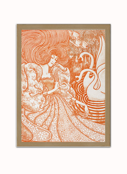 Woman with a Butterfly at a Pond with Two Swans (1894) by Jan Toorop Print – Jan Toorop Vintage Poster Wall Art 30x40cm Light Wood