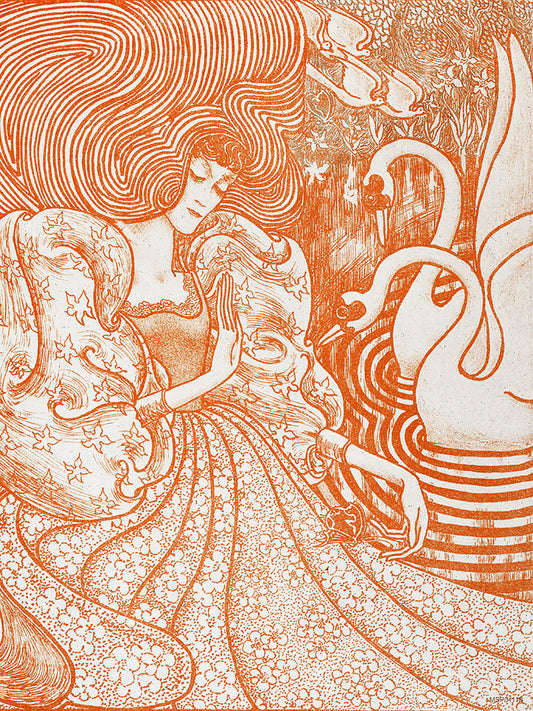 Woman with a Butterfly at a Pond with Two Swans (1894) by Jan Toorop 30x40cm Art Poster Print