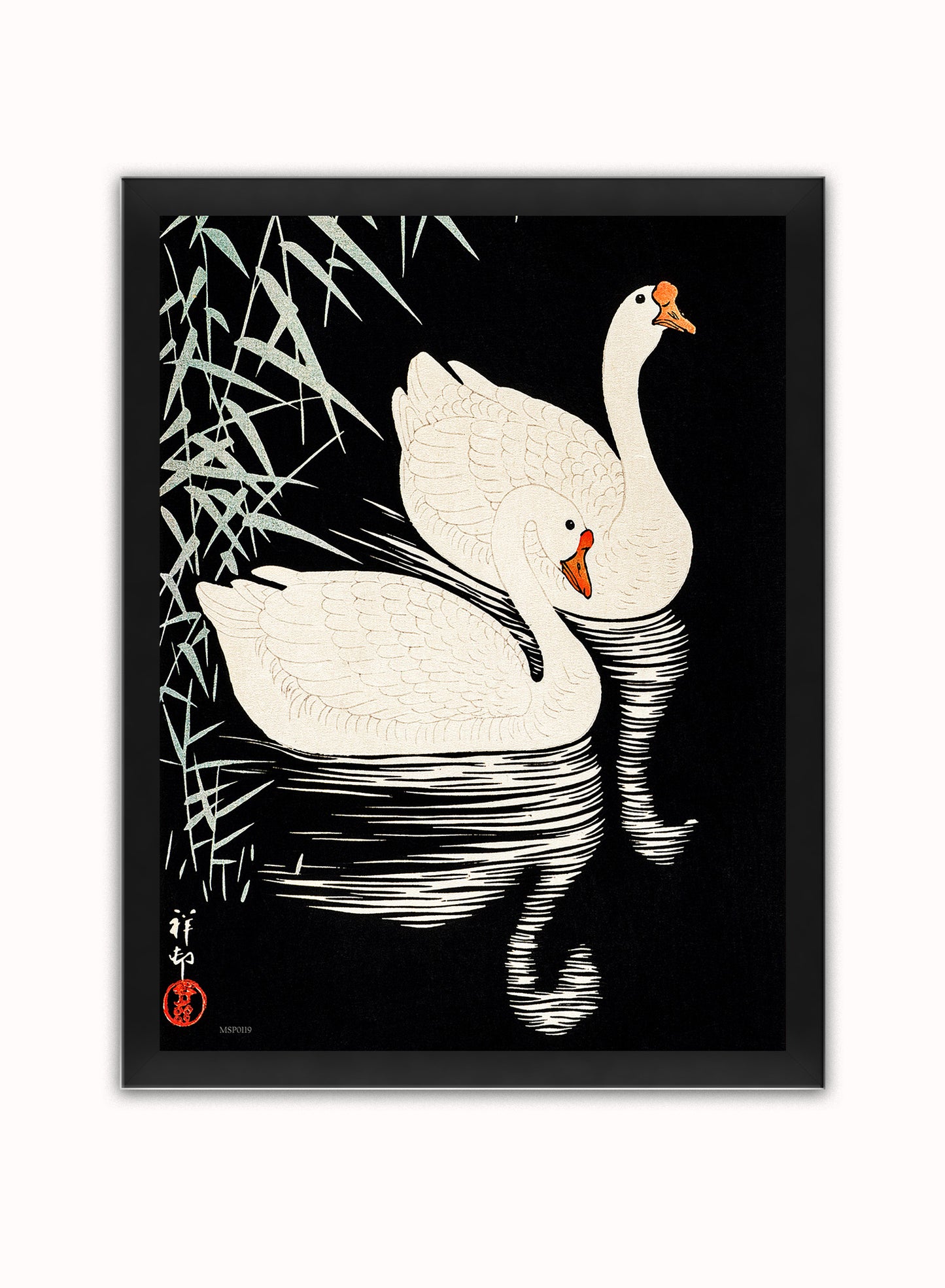 Swans Refelicting on the river by Ohara Koson 1900 - 1945 Japenese Poster Art Print Print – Ohara Koson Vintage Poster Wall Art 30x40cm Black Frame