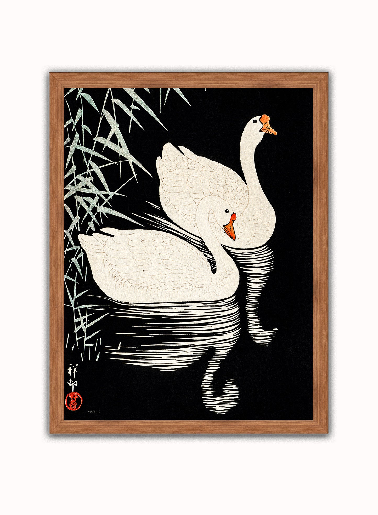 Swans Refelicting on the river by Ohara Koson 1900 - 1945 Japenese Poster Art Print Print – Ohara Koson Vintage Poster Wall Art 30x40cm Dark Wood