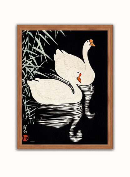 Swans Refelicting on the river by Ohara Koson 1900 - 1945 Japenese Poster Art Print Print – Ohara Koson Vintage Poster Wall Art 30x40cm Dark Wood