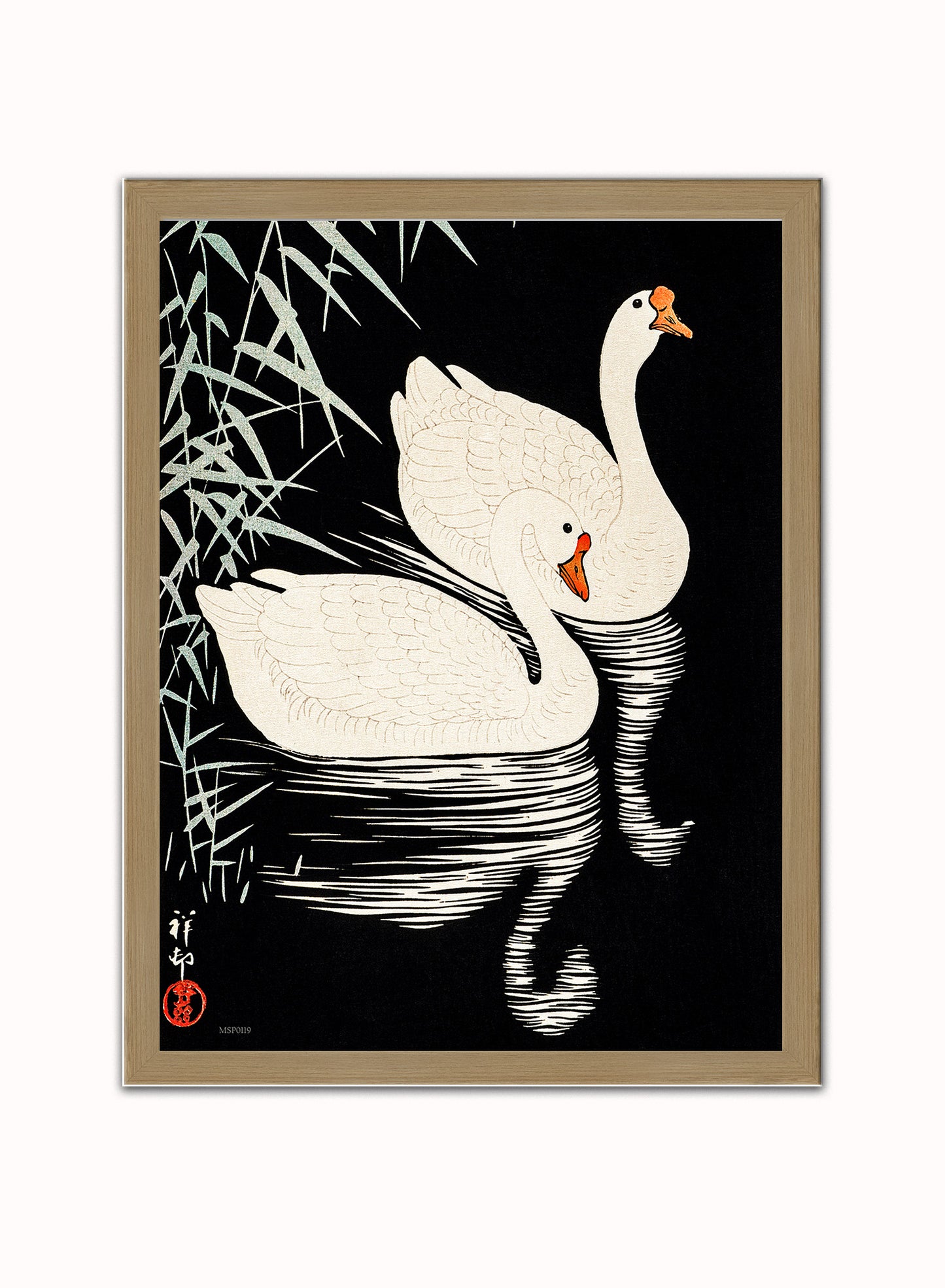 Swans Refelicting on the river by Ohara Koson 1900 - 1945 Japenese Poster Art Print Print – Ohara Koson Vintage Poster Wall Art 30x40cm Light Wood