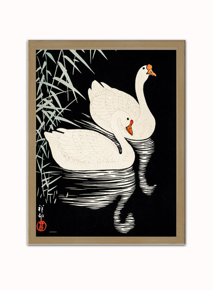 Swans Refelicting on the river by Ohara Koson 1900 - 1945 Japenese Poster Art Print Print – Ohara Koson Vintage Poster Wall Art 30x40cm Light Wood