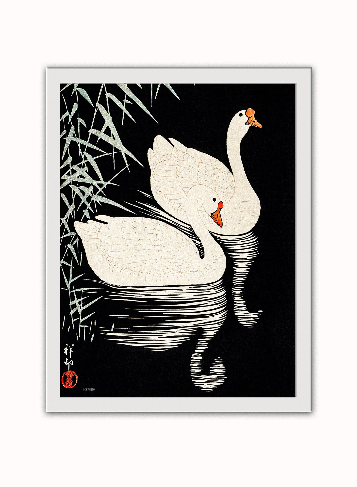 Swans Refelicting on the river by Ohara Koson 1900 - 1945 Japenese Poster Art Print Print – Ohara Koson Vintage Poster Wall Art 30x40cm White Frame