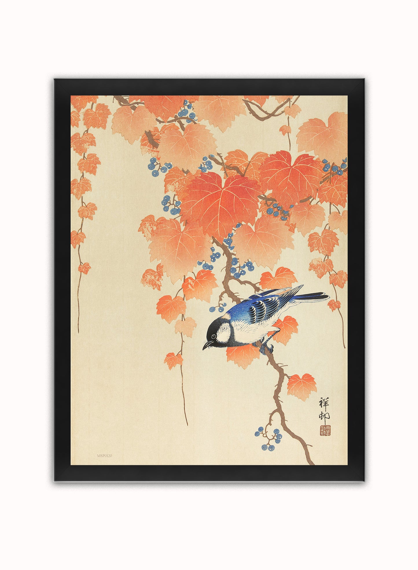 Great Tit on Paulownia Beach by Ohara Koson 1900 - 1945 Japenese Poster Art Print Print – Ohara Koson Vintage Poster Wall Art 30x40cm Black Frame