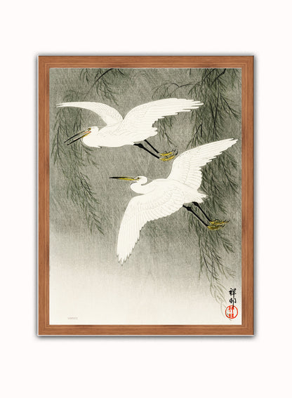 Egrets in Flight by Ohara Koson 1900 - 1945 Japenese Poster Art Print Print – Ohara Koson Vintage Poster Wall Art 30x40cm Dark Wood
