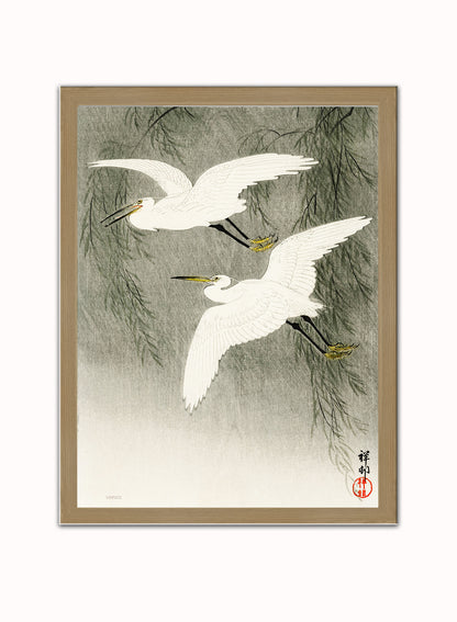 Egrets in Flight by Ohara Koson 1900 - 1945 Japenese Poster Art Print Print – Ohara Koson Vintage Poster Wall Art 30x40cm Light Wood