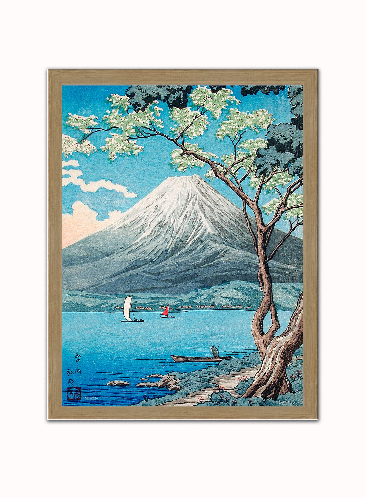Mount Fuji from Lake Yamanaka by Hiroaki Takahashi Japenese Poster Art Print Print – Hiroaki Takahashi Japenese Poster Art Print Vintage Poster Wall Art 30x40cm Light Wood