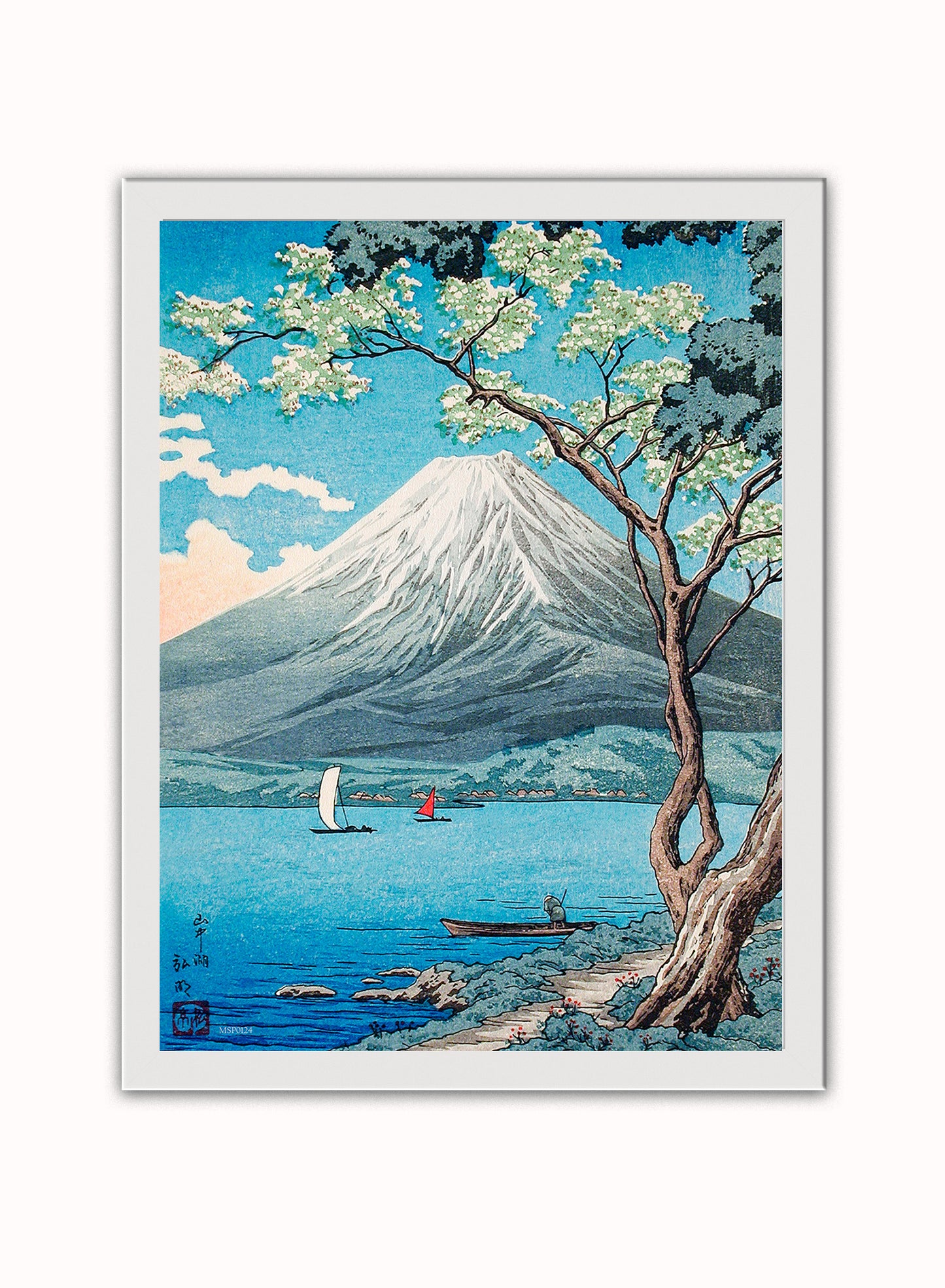Mount Fuji from Lake Yamanaka by Hiroaki Takahashi Japenese Poster Art Print Print – Hiroaki Takahashi Japenese Poster Art Print Vintage Poster Wall Art 30x40cm White Frame
