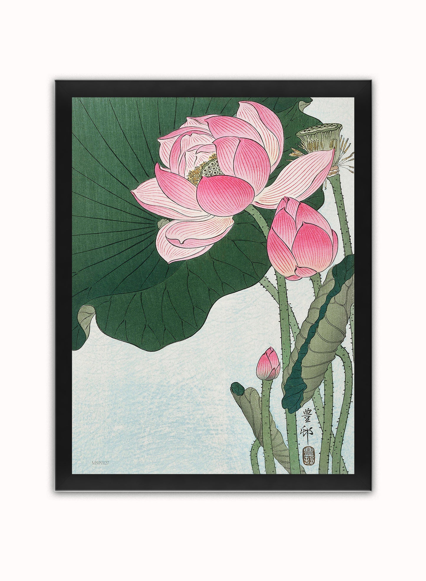 Flowering Lotus by Ohara Koson 1900 - 1945 Japenese Poster Art Print Print – Ohara Koson Botanical Wall Art 30x40cm Black Frame