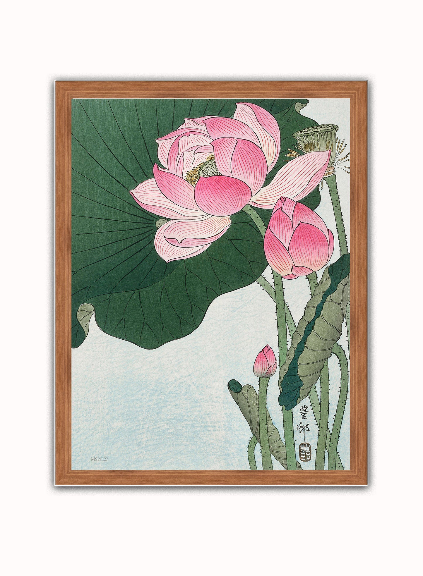 Flowering Lotus by Ohara Koson 1900 - 1945 Japenese Poster Art Print Print – Ohara Koson Botanical Wall Art 30x40cm Dark Wood