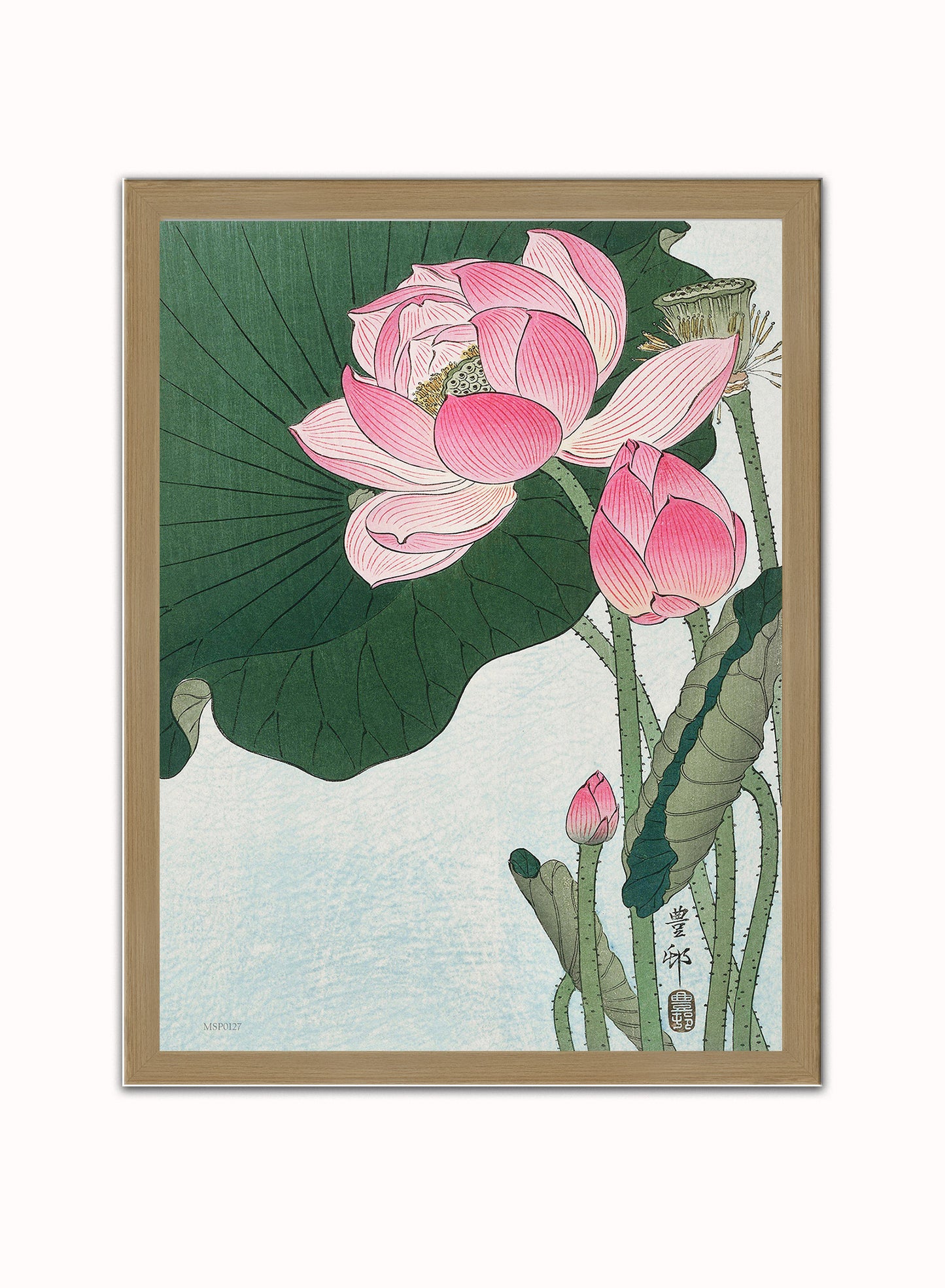 Flowering Lotus by Ohara Koson 1900 - 1945 Japenese Poster Art Print Print – Ohara Koson Botanical Wall Art 30x40cm Light Wood