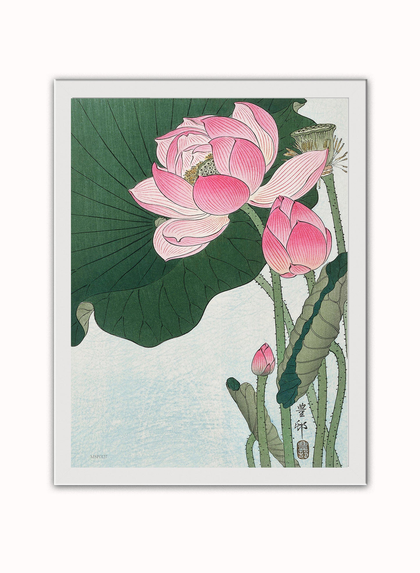 Flowering Lotus by Ohara Koson 1900 - 1945 Japenese Poster Art Print Print – Ohara Koson Botanical Wall Art 30x40cm White Frame