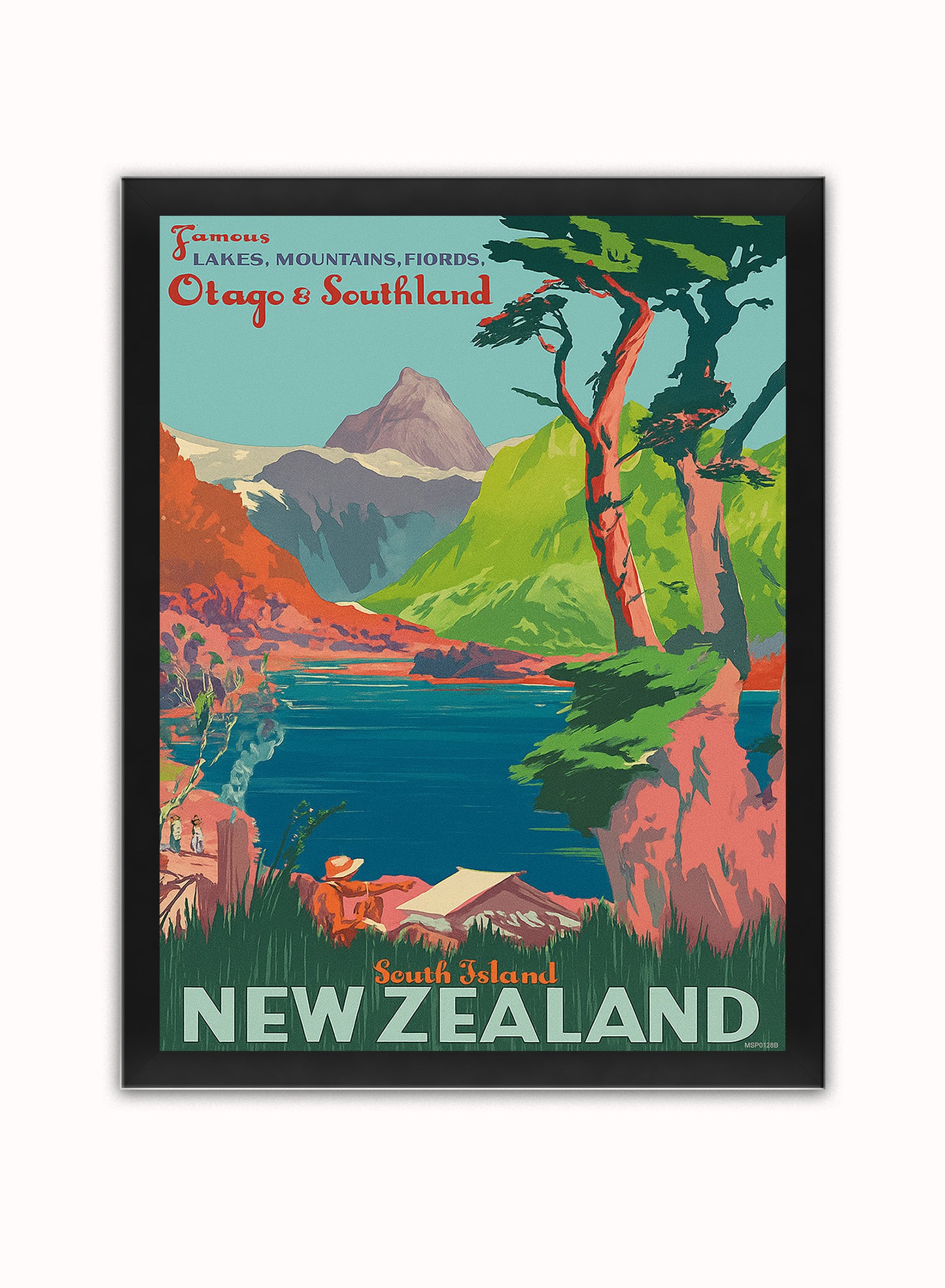 New Zealand, Vintage Travel Poster Vintage Poster Wall Art Print 30x40cm Black Frame