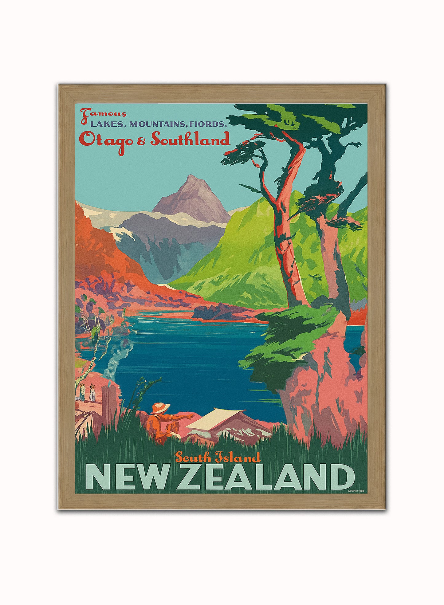 New Zealand, Vintage Travel Poster Vintage Poster Wall Art Print 30x40cm Light Wood