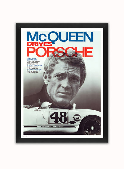 Steve McQueen Drives Porsche Vintage Art Wall Art Print 30x40cm Black Frame