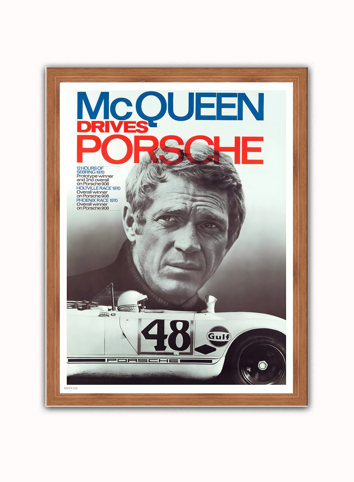 Steve McQueen Drives Porsche Vintage Art Wall Art Print 30x40cm Dark Wood