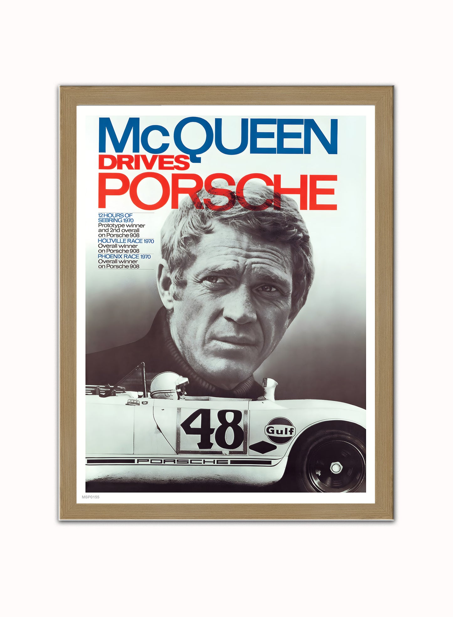 Steve McQueen Drives Porsche Vintage Art Wall Art Print 30x40cm Light Wood